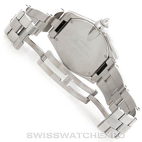 This image shows the backside and bracelet of a Cartier Roadster W62032X6 Men's Stainless Steel Silver Dial W62032X6 Men's Stainless Steel Silver Dial watch with the clasp open.