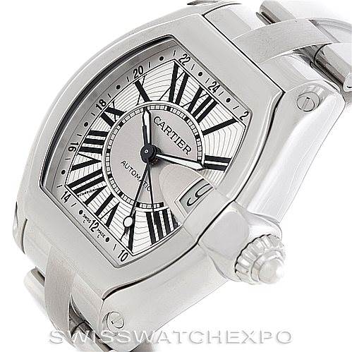 The image shows a close-up angle of the Cartier Roadster W62032X6 Men's Stainless Steel Silver Dial W62032X6 Men's Stainless Steel Silver Dial model watch, highlighting the face, crown, and part of the bracelet.
