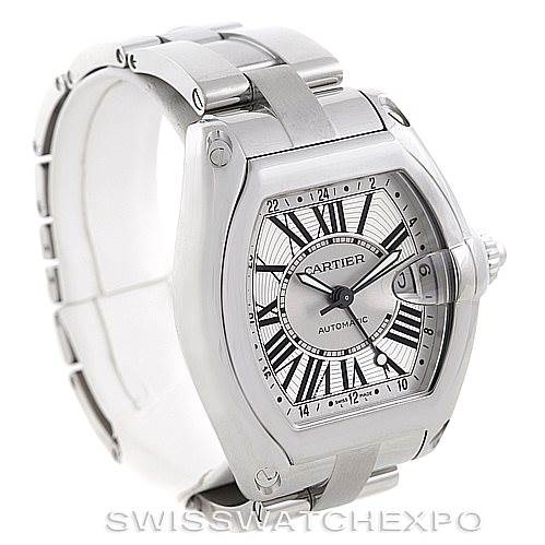 The image shows a Cartier Roadster W62032X6 Men's Stainless Steel Silver Dial W62032X6 Men's Stainless Steel Silver Dial watch at an angle highlighting the face, crown, and part of the bracelet.