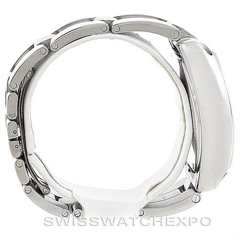 The Cartier Roadster W62032X6 Men's Stainless Steel Silver Dial W62032X6 Men's Stainless Steel Silver Dial watch is shown from a side view, displaying its stainless steel links and case profile.