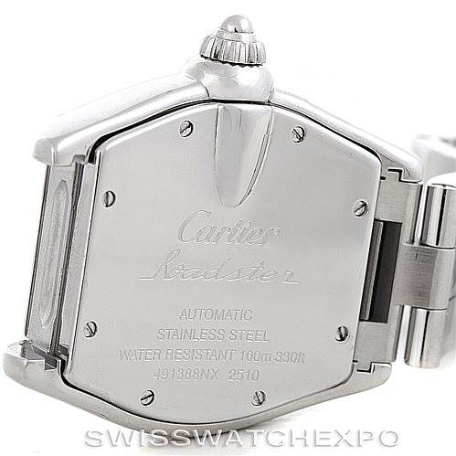 The image shows the back case of a Cartier Roadster W62025V3 Men's Stainless Steel Silver Dial W62025V3 Men's Stainless Steel Silver Dial watch, focusing on the engraving details and the stainless steel construction.