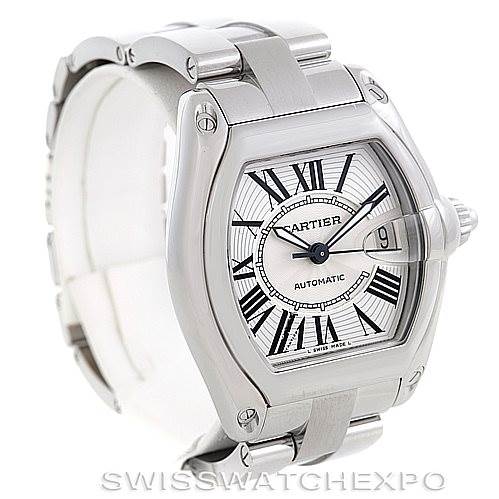 This Cartier Roadster W62025V3 Men's Stainless Steel Silver Dial W62025V3 Men's Stainless Steel Silver Dial watch is shown from a three-quarter angle, highlighting its face, bezel, crown, and part of the bracelet.