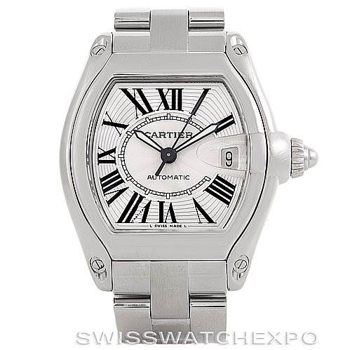 The Cartier Roadster W62025V3 Men's Stainless Steel Silver Dial W62025V3 Men's Stainless Steel Silver Dial watch is shown from the front angle, displaying its face, bezel, crown, and part of the bracelet.