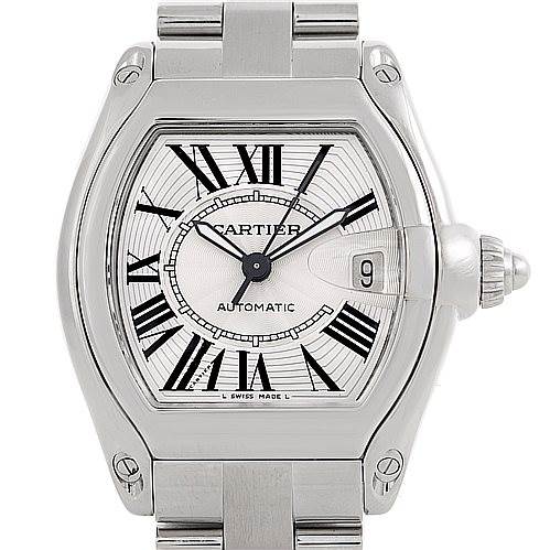 The image shows a front view of the Cartier Roadster W62025V3 Men's Stainless Steel Silver Dial W62025V3 Men's Stainless Steel Silver Dial watch, displaying the watch face and part of the metal bracelet.