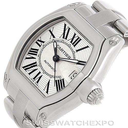 The image shows a close-up, side angle of a Cartier Roadster W62025V3 Men's Stainless Steel Silver Dial W62025V3 Men's Stainless Steel Silver Dial watch, highlighting the dial, case, and part of the bracelet.