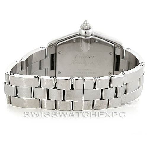 This image shows the back view of the Cartier Roadster W62025V3 Men's Stainless Steel Silver Dial W62025V3 Men's Stainless Steel Silver Dial watch, highlighting its stainless steel case and bracelet.