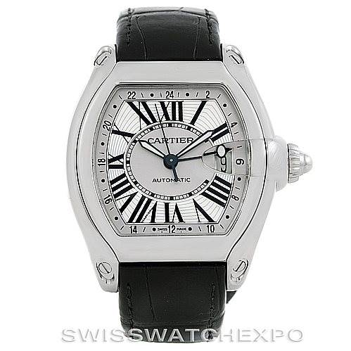 The image shows a Cartier Roadster W62032X6 Men's Stainless Steel Silver Dial W62032X6 Men's Stainless Steel Silver Dial watch from a front angle, highlighting the dial, case, and leather strap.
