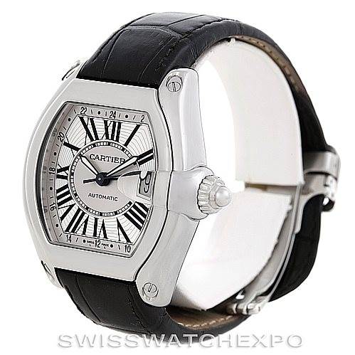 The Cartier Roadster W62032X6 Men's Stainless Steel Silver Dial W62032X6 Men's Stainless Steel Silver Dial watch is shown at a three-quarter angle, highlighting the face, crown, and leather strap.
