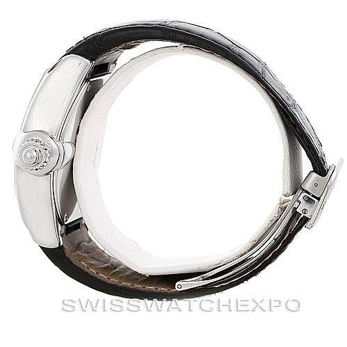 The image shows a side profile of a Cartier Roadster W62032X6 Men's Stainless Steel Silver Dial W62032X6 Men's Stainless Steel Silver Dial watch, highlighting its crown, case, and leather strap with buckle.