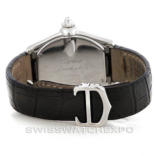 This image shows the back view of a Cartier Roadster W62032X6 Men's Stainless Steel Silver Dial W62032X6 Men's Stainless Steel Silver Dial watch, focusing on the clasp and leather strap.