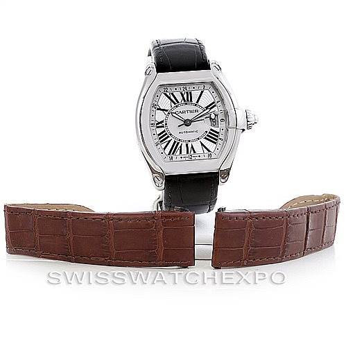 This image shows a Cartier Roadster W62032X6 Men's Stainless Steel Silver Dial W62032X6 Men's Stainless Steel Silver Dial watch from the front, along with two brown alligator leather strap accessories.