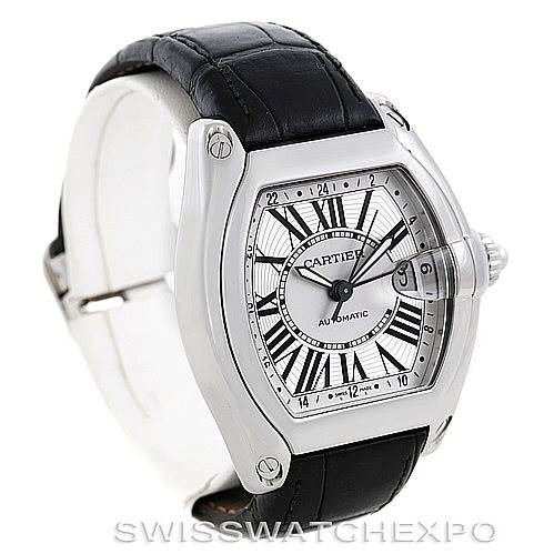The image shows a Cartier Roadster W62032X6 Men's Stainless Steel Silver Dial W62032X6 Men's Stainless Steel Silver Dial model watch at a three-quarter angle, displaying its face, bezel, crown, and leather strap.