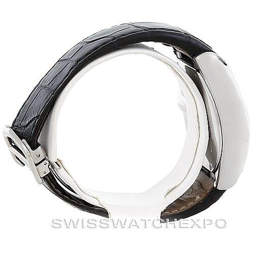 The image shows a side view of the Cartier Roadster W62032X6 Men's Stainless Steel Silver Dial W62032X6 Men's Stainless Steel Silver Dial watch, highlighting the leather strap, clasp, and case.