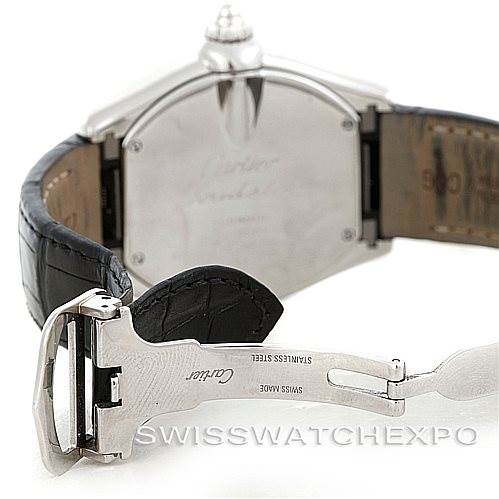 The image shows the back case and partially open clasp of a Cartier Roadster W62032X6 Men's Stainless Steel Silver Dial W62032X6 Men's Stainless Steel Silver Dial watch, revealing the strap and clasp mechanism.