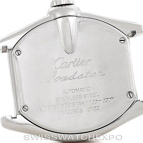 The image shows the back case of a Cartier Roadster W62032X6 Men's Stainless Steel Silver Dial W62032X6 Men's Stainless Steel Silver Dial watch, engraved with the model's specifications.