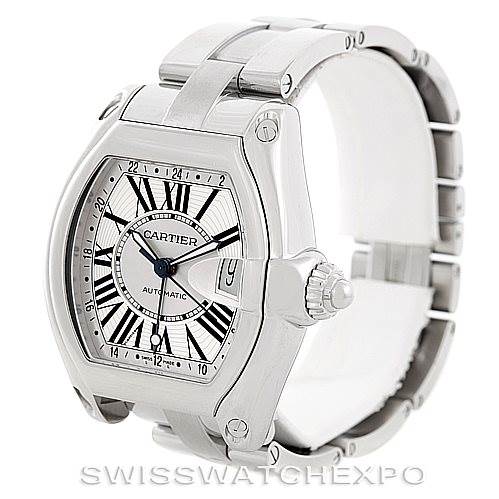 The image shows a Cartier Roadster W62032X6 Men's Stainless Steel Silver Dial W62032X6 Men's Stainless Steel Silver Dial watch from an angled view, highlighting its dial, case, crown, and bracelet.