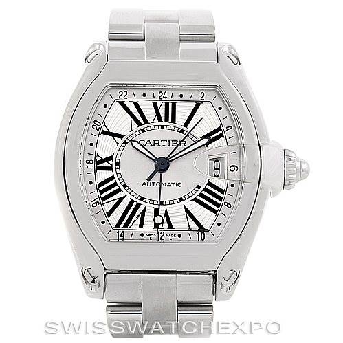 This image shows a front view of the Cartier Roadster W62032X6 Men's Stainless Steel Silver Dial W62032X6 Men's Stainless Steel Silver Dial watch, including its face, bezel, and strap.