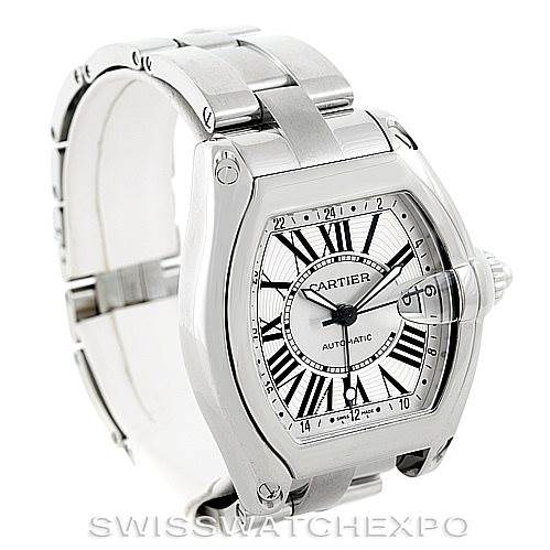 The image shows a Cartier Roadster W62032X6 Men's Stainless Steel Silver Dial W62032X6 Men's Stainless Steel Silver Dial watch at an angled view, featuring the face, bracelet, and crown.