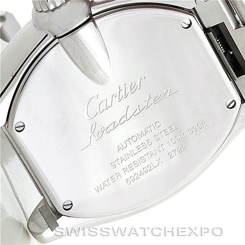 The image shows the back case of a Cartier Roadster W62032X6 Men's Stainless Steel Silver Dial W62032X6 Men's Stainless Steel Silver Dial watch, highlighting its automatic movement, material, and water resistance.