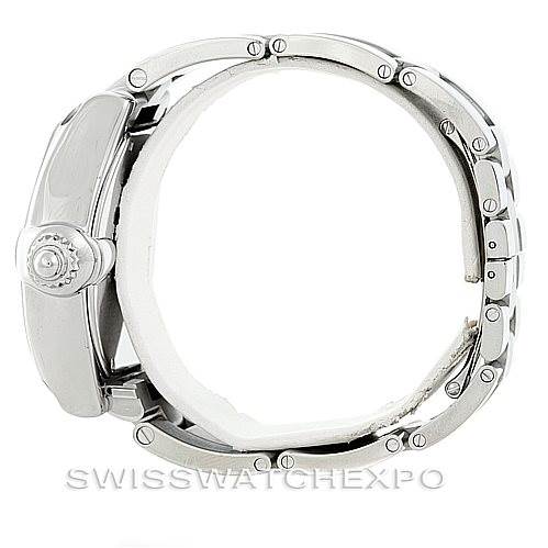 This side view of the Cartier Roadster W62032X6 Men's Stainless Steel Silver Dial W62032X6 Men's Stainless Steel Silver Dial shows the crown, bezel, and bracelet.