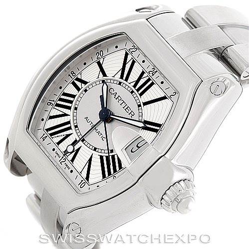 The image shows a Cartier Roadster W62032X6 Men's Stainless Steel Silver Dial W62032X6 Men's Stainless Steel Silver Dial watch from an angled front view, highlighting the face, crown, and part of the bracelet.