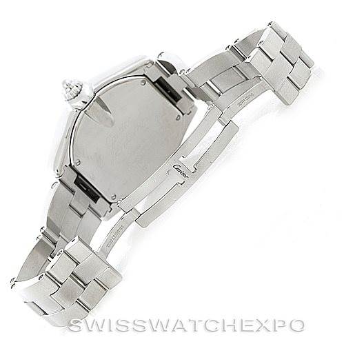 The image shows the back and partial side angle of the Cartier Roadster W62032X6 Men's Stainless Steel Silver Dial W62032X6 Men's Stainless Steel Silver Dial watch with an open silver metal bracelet.
