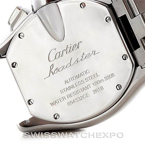 This image shows the back case of a Cartier Roadster W62019X6 Men's Stainless Steel Silver Dial W62019X6 Men's Stainless Steel Silver Dial watch, highlighting engravings and details of the clasp.