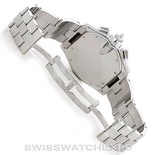 The image shows the underside and clasp of a Cartier Roadster W62019X6 Men's Stainless Steel Silver Dial W62019X6 Men's Stainless Steel Silver Dial watch, including its bracelet and case back.