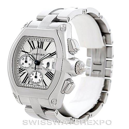 The Cartier Roadster W62019X6 Men's Stainless Steel Silver Dial W62019X6 Men's Stainless Steel Silver Dial watch is shown at a three-quarter angle, highlighting its face, casing, and bracelet.