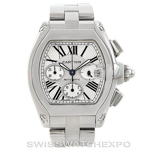 The image shows a front view of a Cartier Roadster W62019X6 Men's Stainless Steel Silver Dial W62019X6 Men's Stainless Steel Silver Dial watch, highlighting its face, dial, subdials, and stainless steel bracelet.