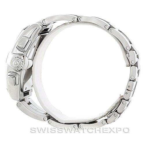 The image shows a side view of a Cartier Roadster W62019X6 Men's Stainless Steel Silver Dial W62019X6 Men's Stainless Steel Silver Dial watch highlighting the crown and bracelet links.