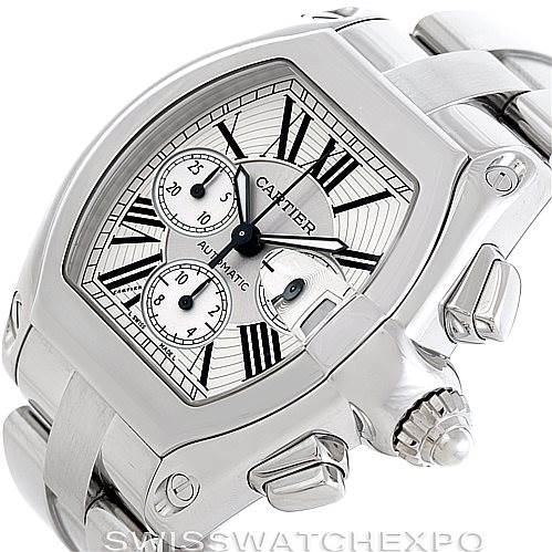 The image shows a close-up angled view of the Cartier Roadster W62019X6 Men's Stainless Steel Silver Dial W62019X6 Men's Stainless Steel Silver Dial watch, highlighting its face, crown, and part of the bracelet.