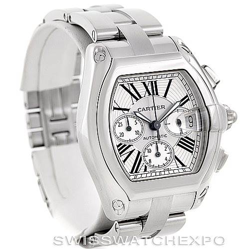 The image shows a Cartier Roadster W62019X6 Men's Stainless Steel Silver Dial W62019X6 Men's Stainless Steel Silver Dial watch at a three-quarter angle, highlighting the bracelet, bezel, dial, and crown.