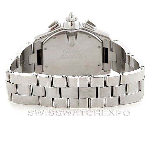 The image shows the back and stainless steel bracelet of a Cartier Roadster W62019X6 Men's Stainless Steel Silver Dial W62019X6 Men's Stainless Steel Silver Dial watch from a slightly elevated angle.