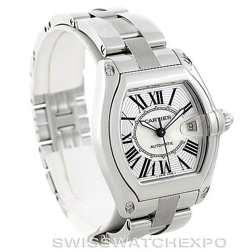 The image shows a Cartier Roadster W62025V3 Men's Stainless Steel Silver Dial W62025V3 Men's Stainless Steel Silver Dial watch at a three-quarter angle, displaying its face, bezel, and partial bracelet.
