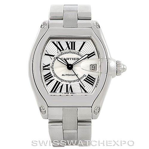 This image shows a full frontal view of the Cartier Roadster W62025V3 Men's Stainless Steel Silver Dial W62025V3 Men's Stainless Steel Silver Dial watch, including the face, bezel, crown, and bracelet.