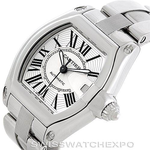 The image shows a close-up angled view of a Cartier Roadster W62025V3 Men's Stainless Steel Silver Dial W62025V3 Men's Stainless Steel Silver Dial watch, highlighting its face, bezel, and part of the bracelet.