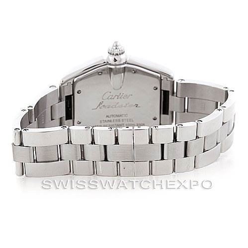 This image shows the back view of a Cartier Roadster W62025V3 Men's Stainless Steel Silver Dial W62025V3 Men's Stainless Steel Silver Dial watch, highlighting its stainless steel bracelet and case back.