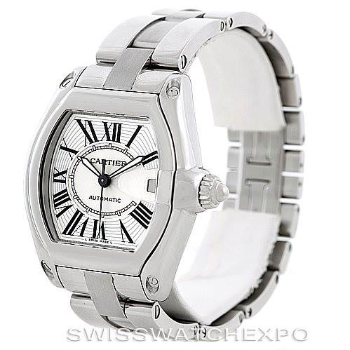 The image shows a Cartier Roadster W62025V3 Men's Stainless Steel Silver Dial W62025V3 Men's Stainless Steel Silver Dial watch viewed from a three-quarter angle, highlighting the face, bezel, crown, and bracelet links.