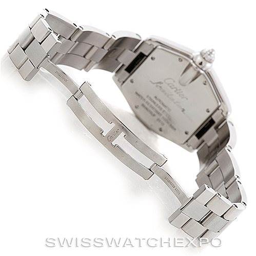 This image shows the back and clasp of the Cartier Roadster W62025V3 Men's Stainless Steel Silver Dial W62025V3 Men's Stainless Steel Silver Dial watch from an oblique angle.