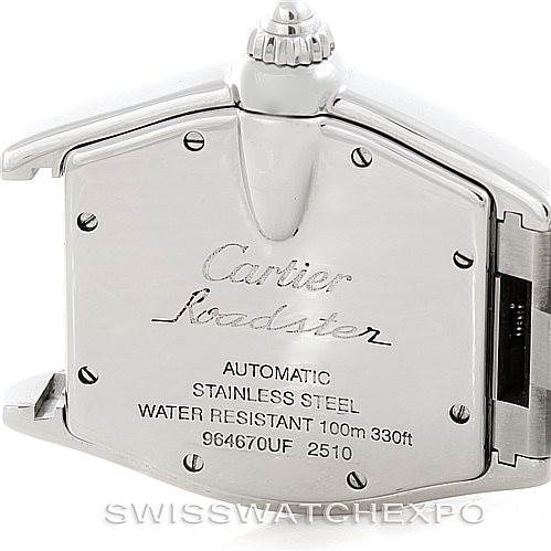 The image shows the back of a Cartier Roadster W62025V3 Men's Stainless Steel Silver Dial W62025V3 Men's Stainless Steel Silver Dial watch, displaying its stainless steel case and specifications.