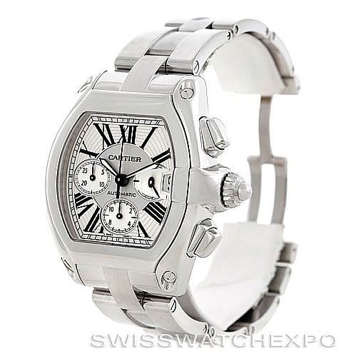 This image shows the Cartier Roadster W62019X6 Men's Stainless Steel Silver Dial W62019X6 Men's Stainless Steel Silver Dial watch at a three-quarter angle, highlighting its dial, crown, and bracelet.