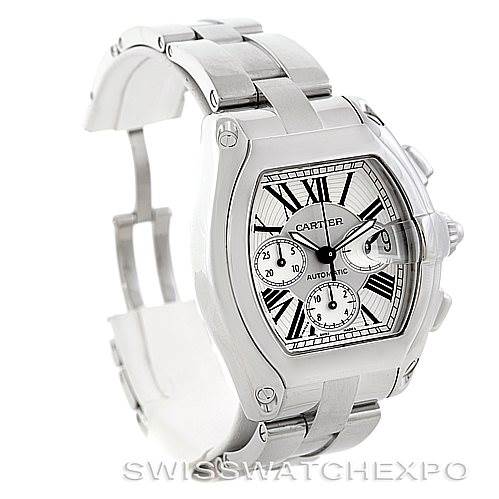 The image shows a Cartier Roadster W62019X6 Men's Stainless Steel Silver Dial W62019X6 Men's Stainless Steel Silver Dial watch at a 3/4 angle highlighting the face, bezel, and part of the bracelet.
