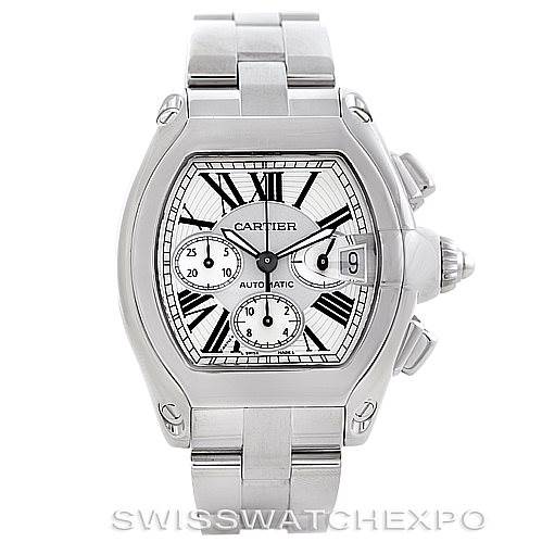 The image shows a front view of the Cartier Roadster W62019X6 Men's Stainless Steel Silver Dial W62019X6 Men's Stainless Steel Silver Dial watch, highlighting its dial, hands, bracelet, and crown.