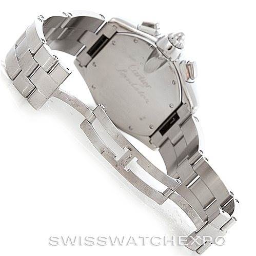 This image shows the back angle of the Cartier Roadster W62019X6 Men's Stainless Steel Silver Dial W62019X6 Men's Stainless Steel Silver Dial watch and its bracelet clasp mechanism.