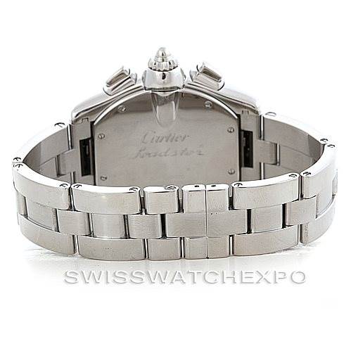 This image shows the back view of a Cartier Roadster W62019X6 Men's Stainless Steel Silver Dial W62019X6 Men's Stainless Steel Silver Dial watch, highlighting its stainless steel bracelet and case.