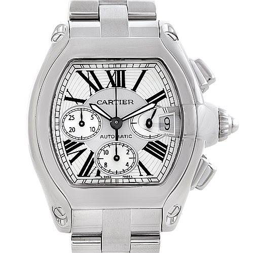 This image shows a front view of the Cartier Roadster W62019X6 Men's Stainless Steel Silver Dial W62019X6 Men's Stainless Steel Silver Dial watch, displaying its dial, case, crown, and part of the bracelet.