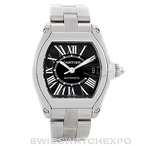 The image shows a Cartier Roadster W62041V3 Men's Stainless Steel Black Dial W62041V3 Men's Stainless Steel Black Dial watch from a front angle, displaying its black dial, Roman numerals, and stainless steel bracelet.
