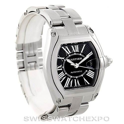 The image shows a side-angle view of the Cartier Roadster W62041V3 Men's Stainless Steel Black Dial W62041V3 Men's Stainless Steel Black Dial watch showcasing the face, bezel, and metal bracelet.