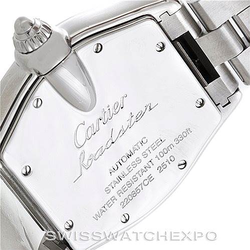 The image shows the back case and crown of a Cartier Roadster W62041V3 Men's Stainless Steel Black Dial W62041V3 Men's Stainless Steel Black Dial watch, highlighting the model's details and specifications.